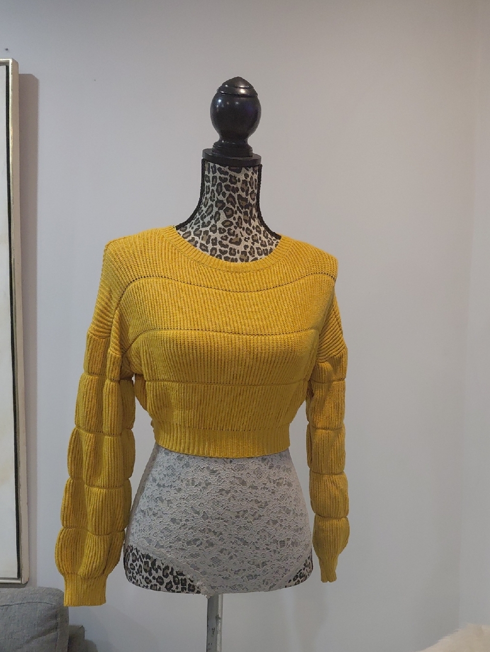 debut Yellow Cropped Ribbed Crewneck Sweater